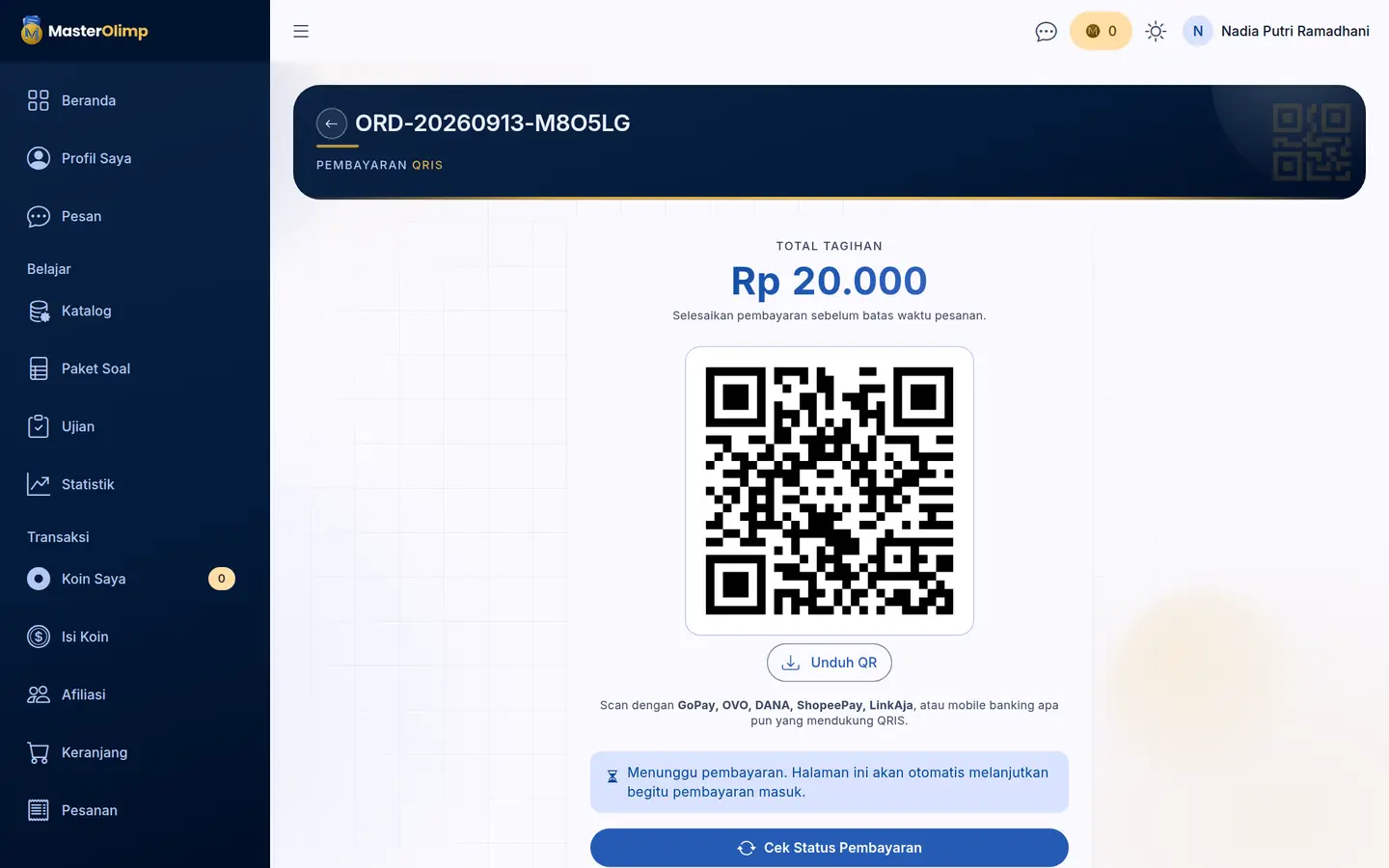 Halaman pembayaran QRIS
