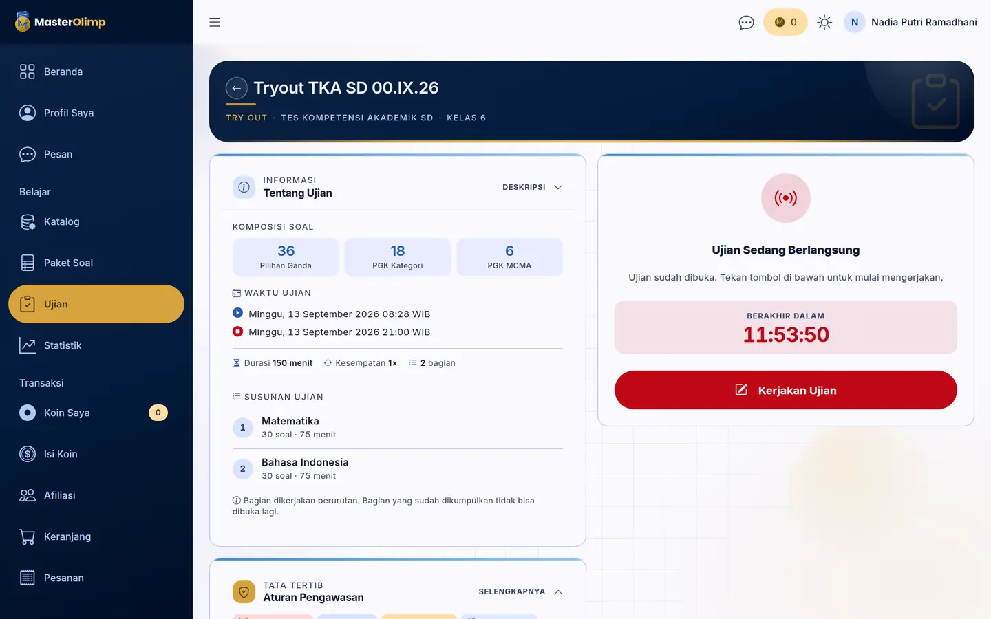 Tombol Kerjakan Ujian saat try out berlangsung