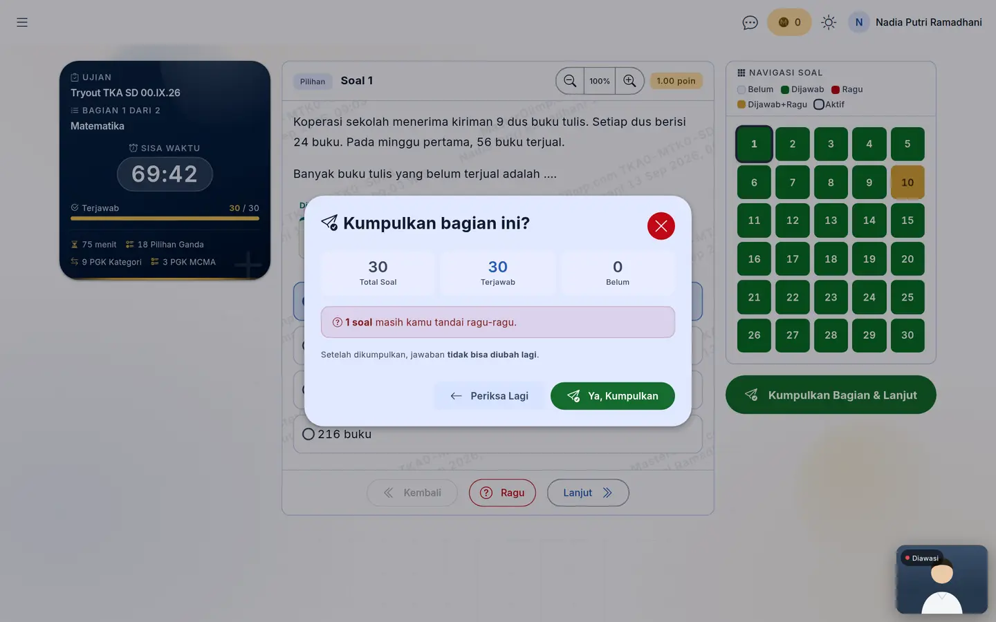 Pop-up konfirmasi kumpulkan bagian